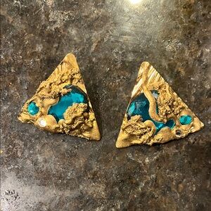 Brutalist Gold and Blue Triangle Earrings from c1980s